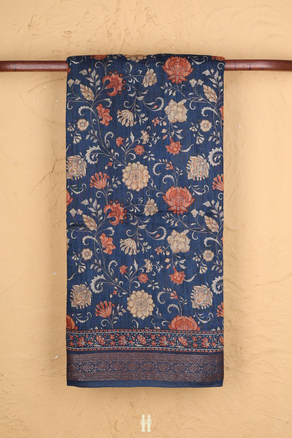 Tussar Silk Saree In Oxford Blue With Floral Design