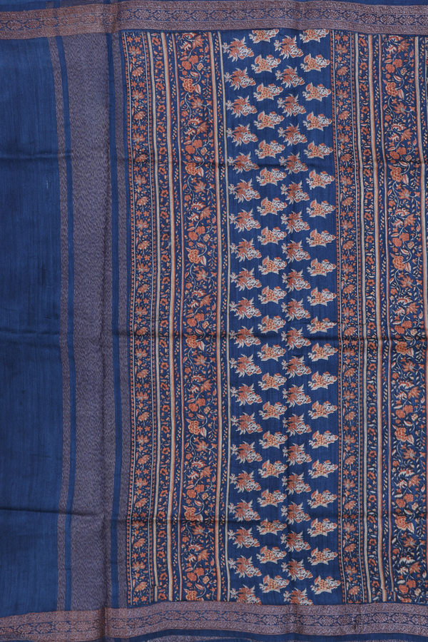 Tussar Silk Saree In Oxford Blue With Floral Design
