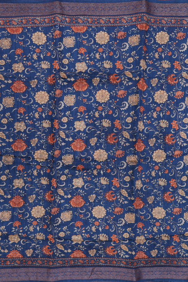 Tussar Silk Saree In Oxford Blue With Floral Design