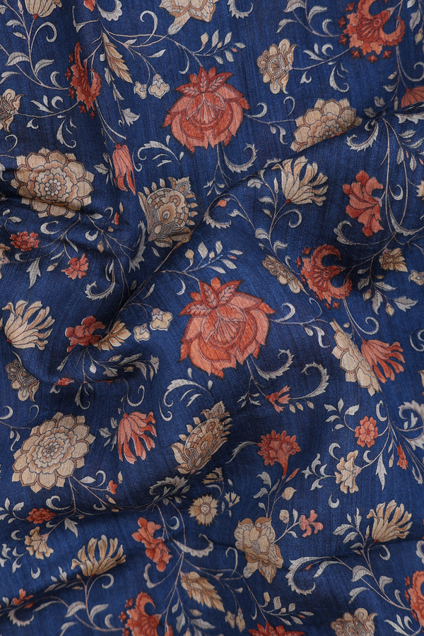 Tussar Silk Saree In Oxford Blue With Floral Design