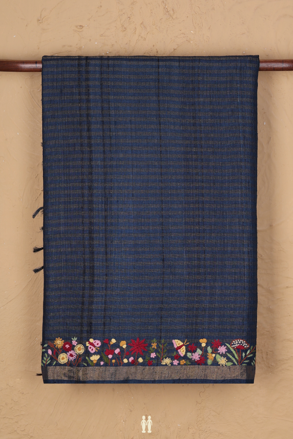 Tussar Silk Saree In Oxford Blue With Stripes Design