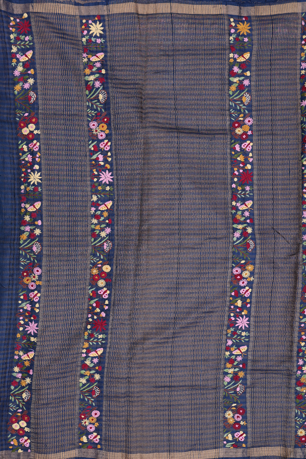 Tussar Silk Saree In Oxford Blue With Stripes Design