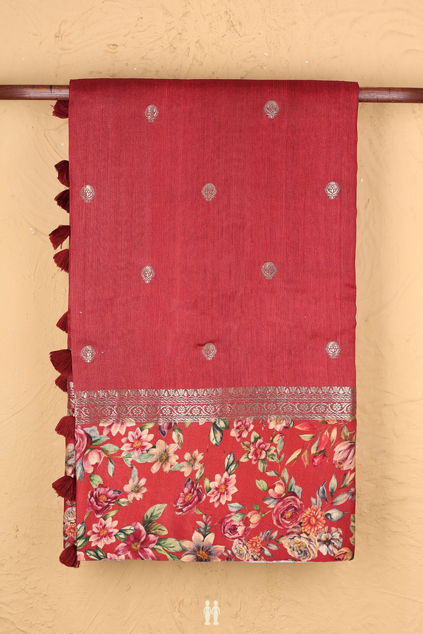 Tussar Silk Saree In Red With Zari Buttas