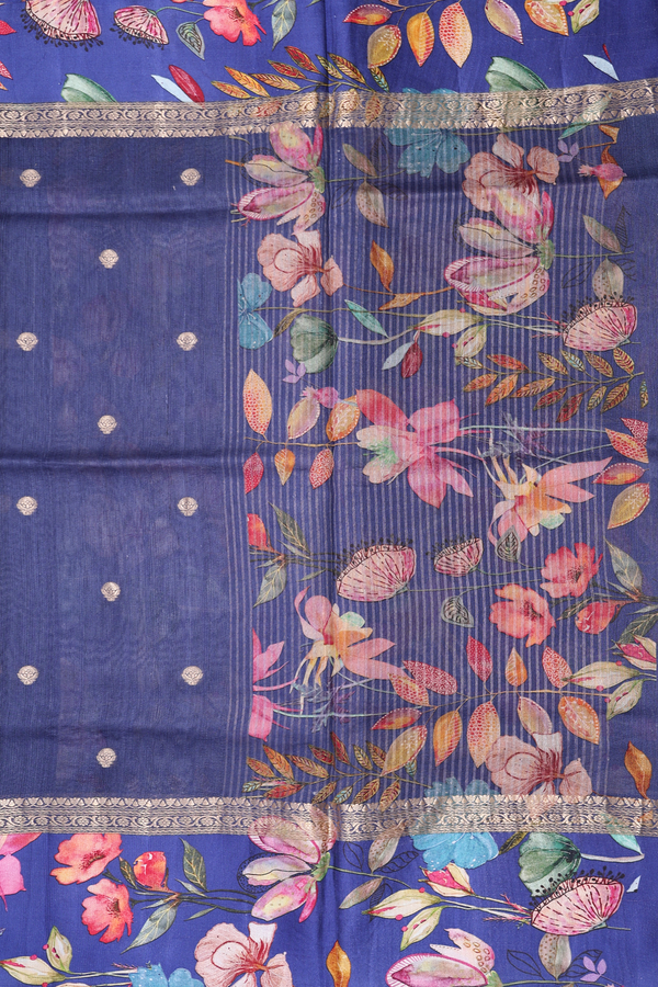 Tussar Silk Saree In Oxford Blue With Zari Buttas