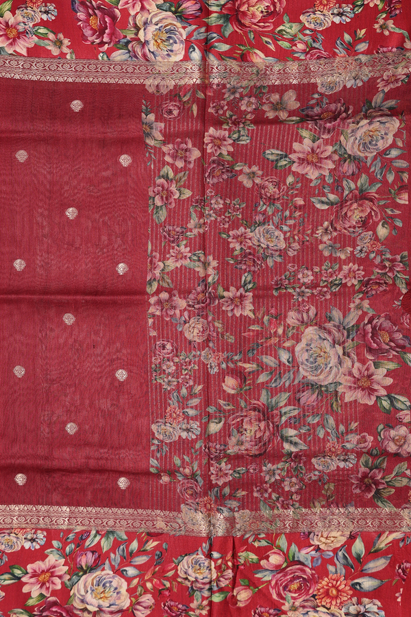 Tussar Silk Saree In Red With Zari Buttas