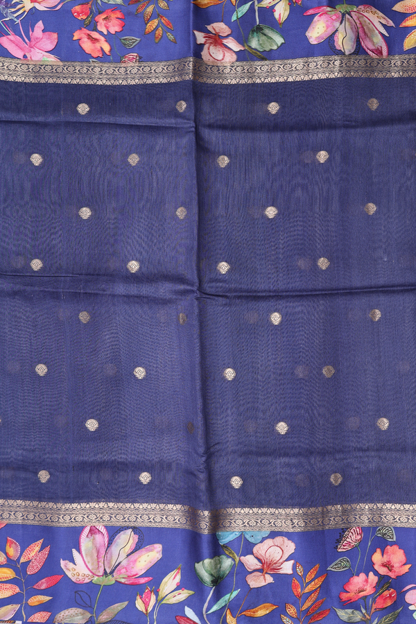 Tussar Silk Saree In Oxford Blue With Zari Buttas