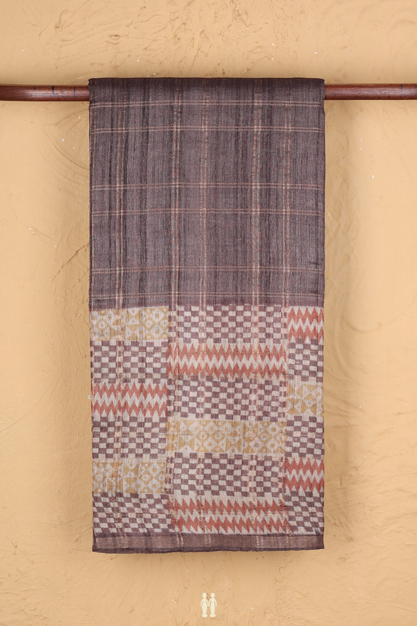 Tussar Silk Saree In Oxford Brown With Checks Design