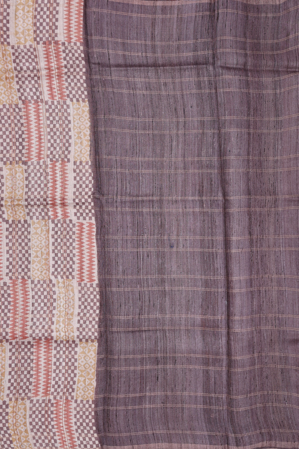 Tussar Silk Saree In Oxford Brown With Checks Design