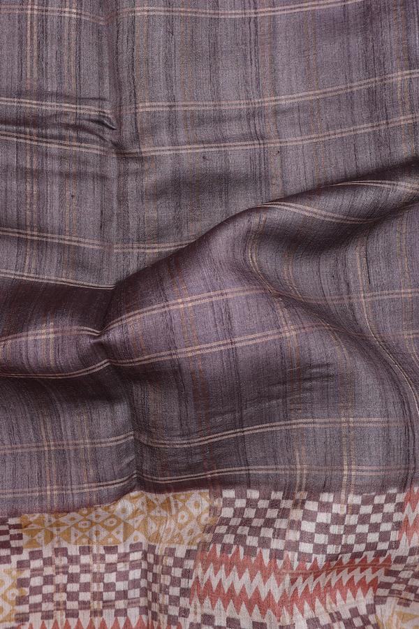 Tussar Silk Saree In Oxford Brown With Checks Design