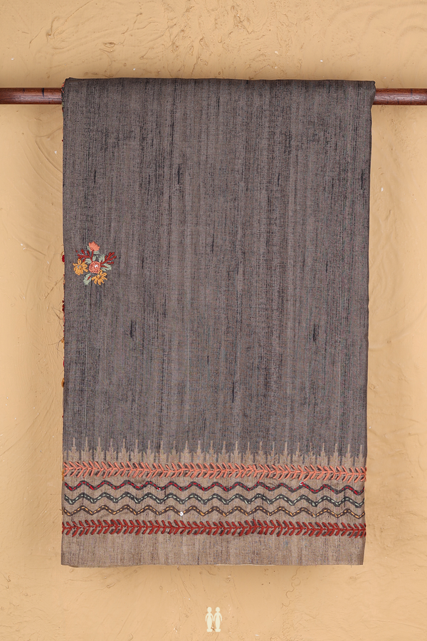 Tussar Silk Saree In Oxford Brown With Embroidered Buttas