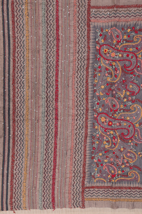 Tussar Silk Saree In Oxford Brown With Embroidered Buttas