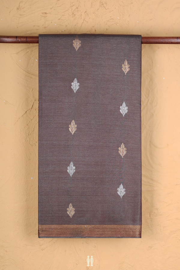 Tussar Silk Saree In Oxford Brown With Floral Buttas