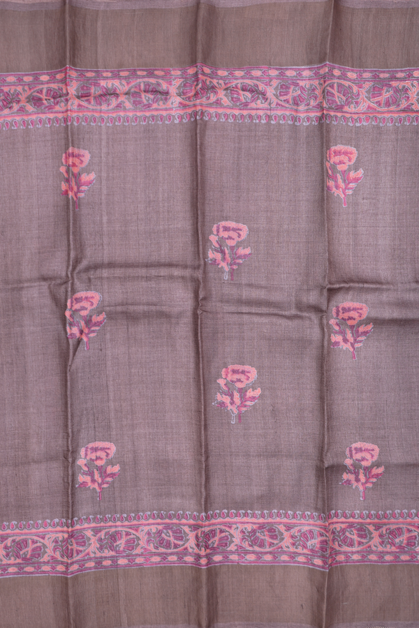 Tussar Silk Saree In Oxford Brown With Floral Design