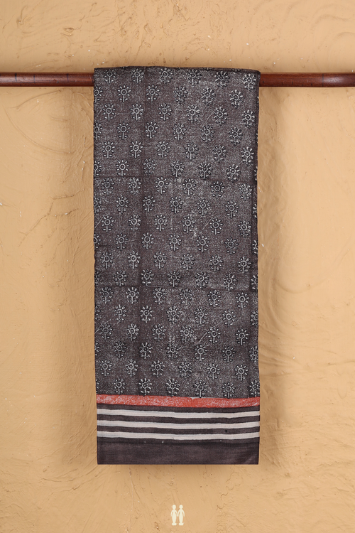 Tussar Silk Saree In Oxford Brown With Printed Design