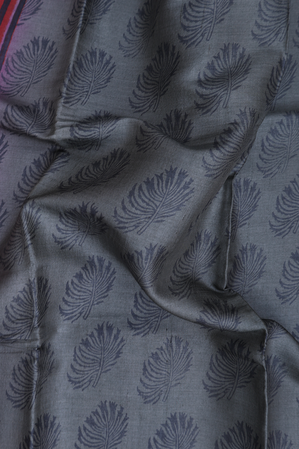 Tussar Silk Saree In Oxford Grey With Leaf Design