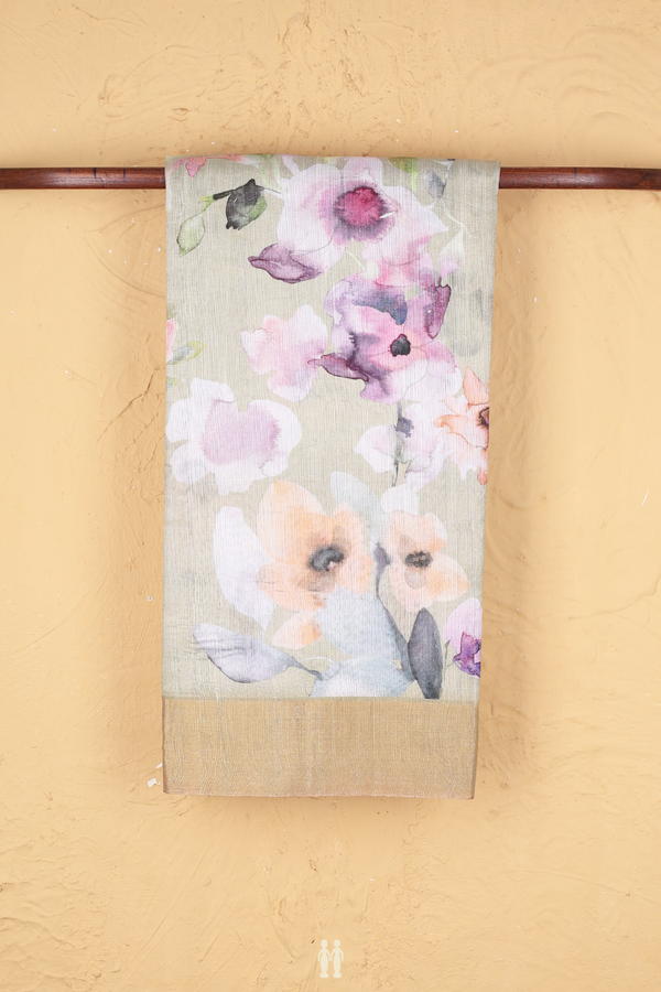 Tussar Silk Saree In Pale Green With Floral Design