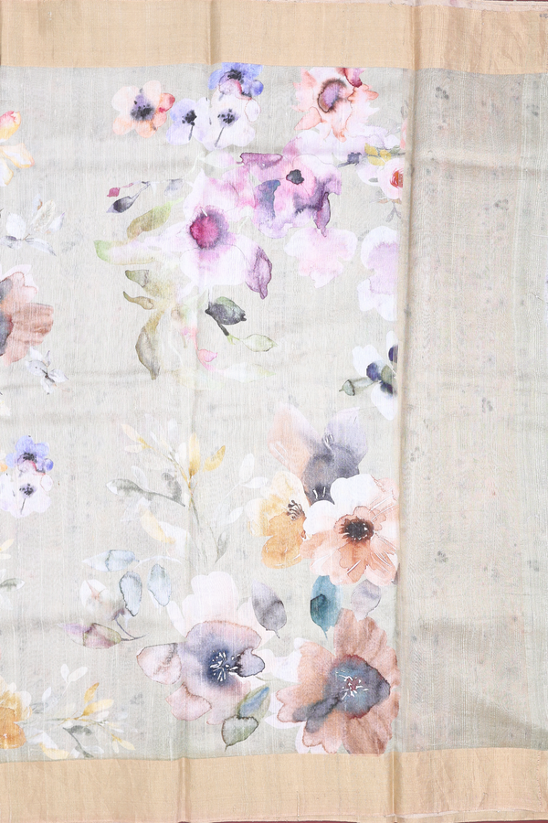 Tussar Silk Saree In Pale Green With Floral Design