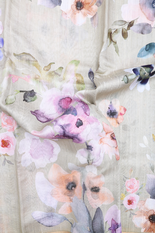 Tussar Silk Saree In Pale Green With Floral Design