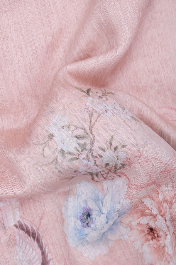 Tussar Silk Saree In Pale Pink With Floral Design