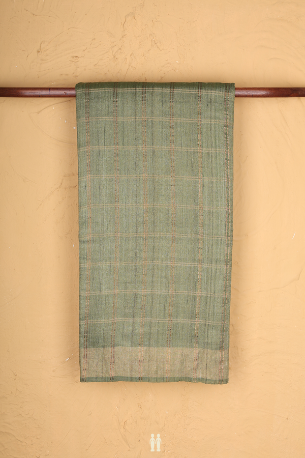 Tussar Silk Saree In Pastel Green With Checks Design