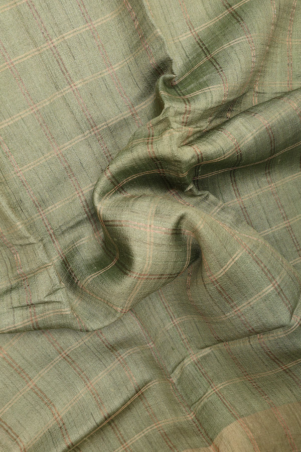 Tussar Silk Saree In Pastel Green With Checks Design
