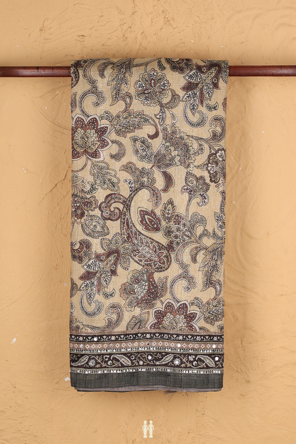 Tussar Silk Saree In Pastel Khaki With Floral Design