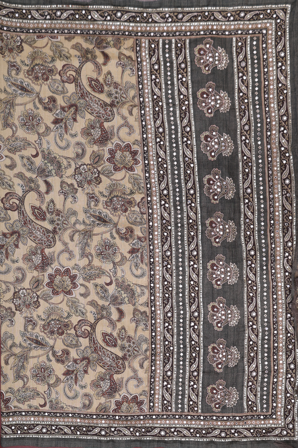 Tussar Silk Saree In Pastel Khaki With Floral Design