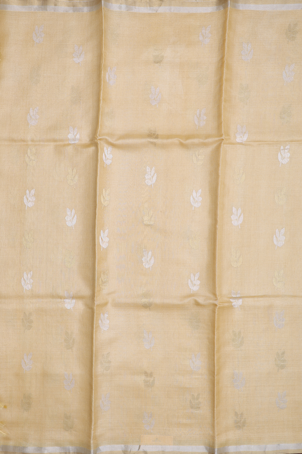 Tussar Silk Saree In Pastel Yellow With Leaf Buttas