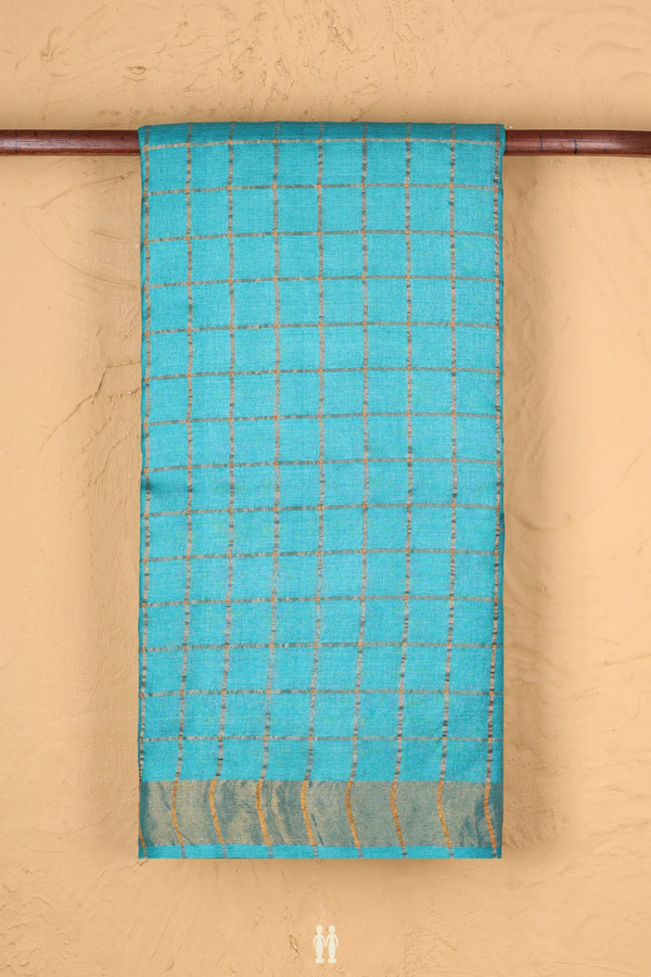 Tussar Silk Saree In Peacock Blue With Checks Design