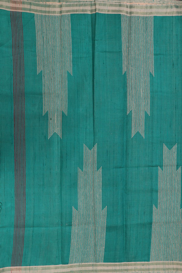 Tussar Silk Saree In Peacock Green With Contrast Border