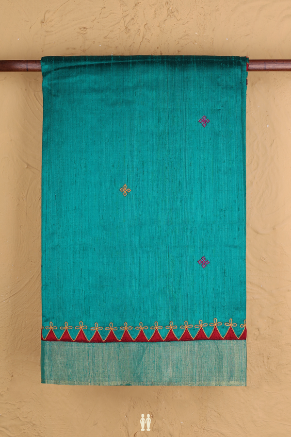 Tussar Silk Saree In Peacock Green With Threadwork Buttas
