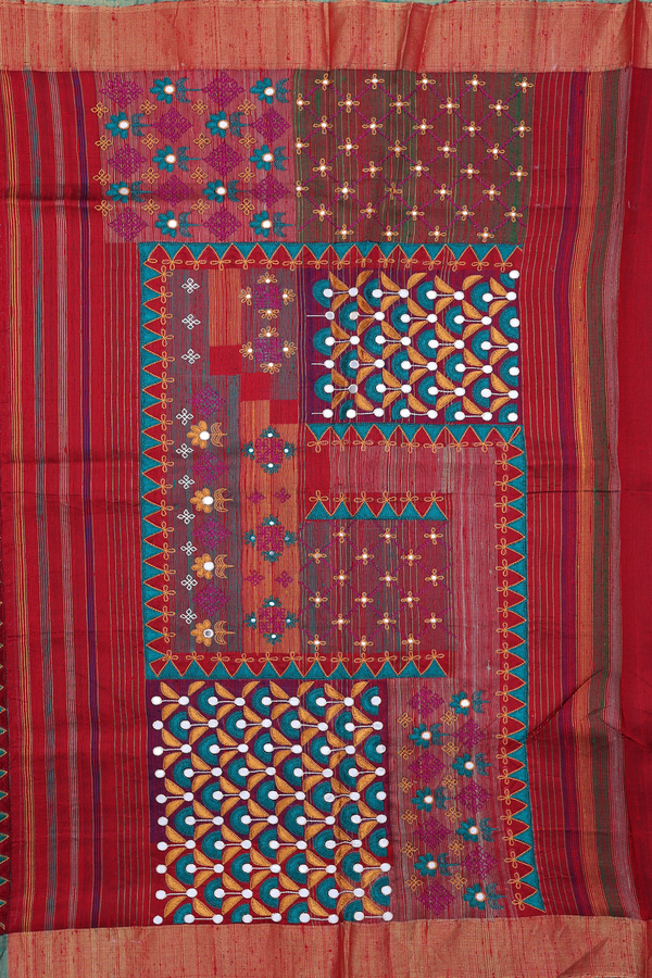 Tussar Silk Saree In Peacock Green With Threadwork Buttas