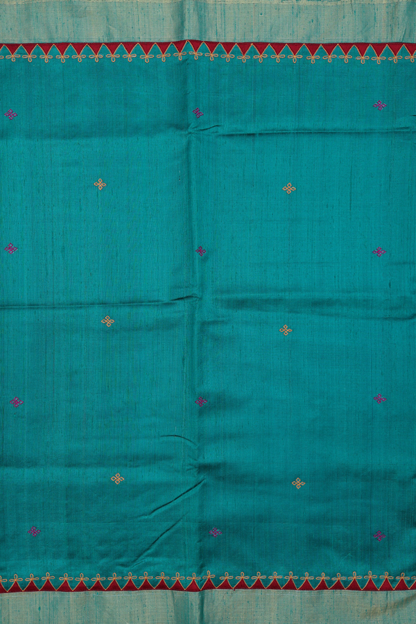 Tussar Silk Saree In Peacock Green With Threadwork Buttas