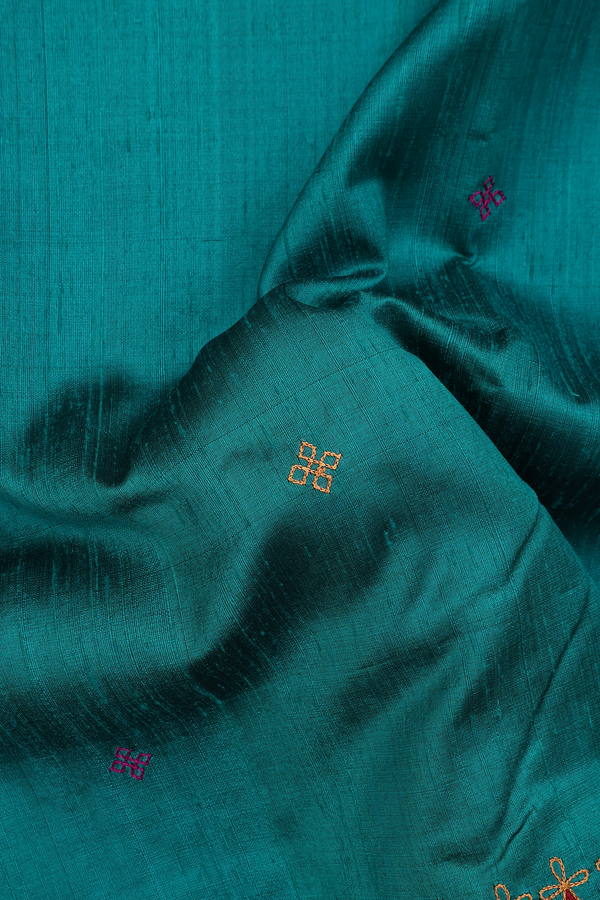 Tussar Silk Saree In Peacock Green With Threadwork Buttas