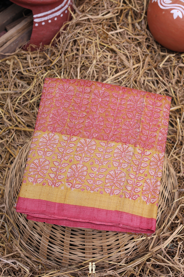 Tussar Silk Saree In Peanut Brown With Floral Printed Design
