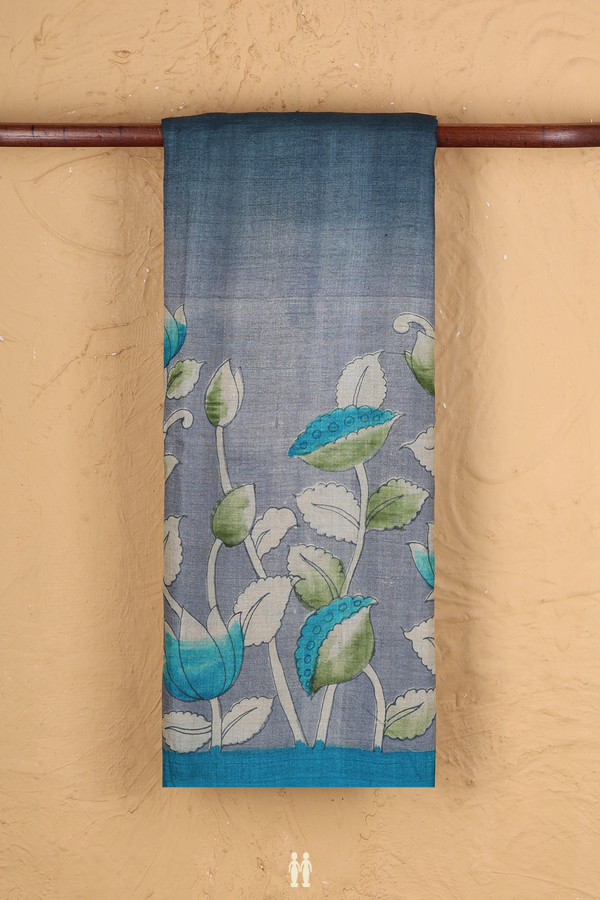 Tussar Silk Saree In Pigeon Blue With Floral Design