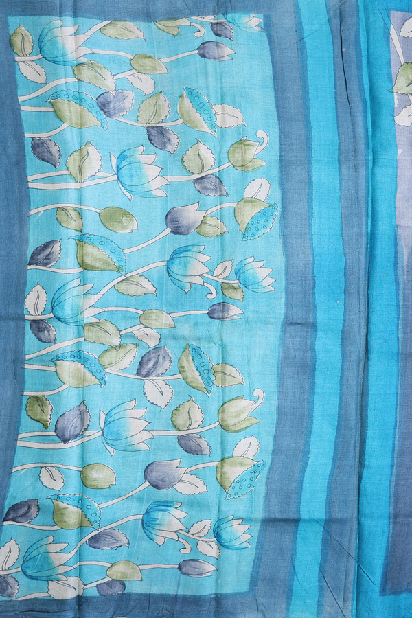 Tussar Silk Saree In Pigeon Blue With Floral Design