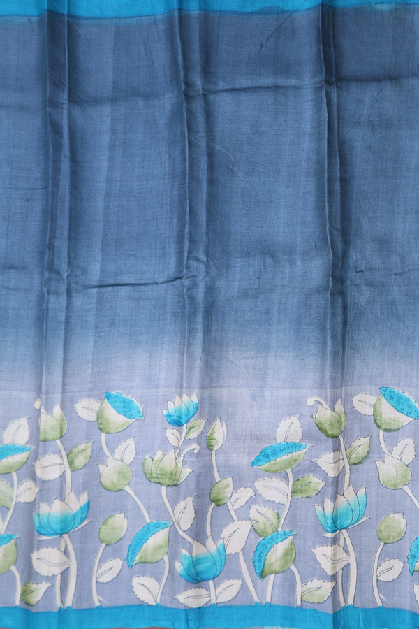 Tussar Silk Saree In Pigeon Blue With Floral Design