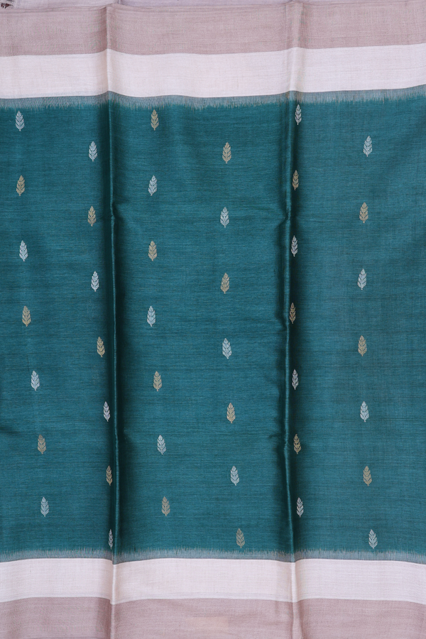 Tussar Silk Saree In Pine Green With Zari Buttas