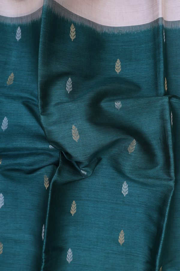 Tussar Silk Saree In Pine Green With Zari Buttas