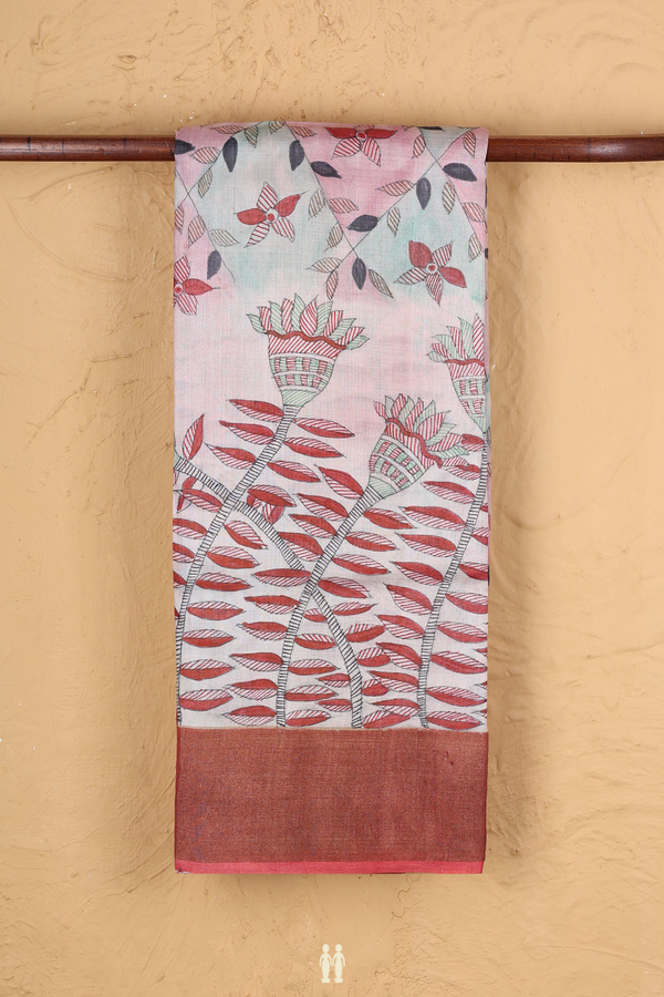 Tussar Silk Saree In Pink And Green With Floral Design