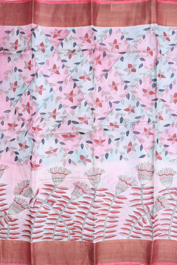 Tussar Silk Saree In Pink And Green With Floral Design