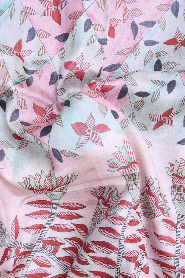 Tussar Silk Saree In Pink And Green With Floral Design