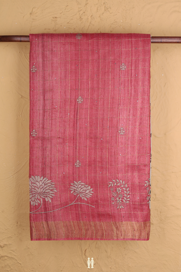 Tussar Silk Saree In Pink With Checks Design