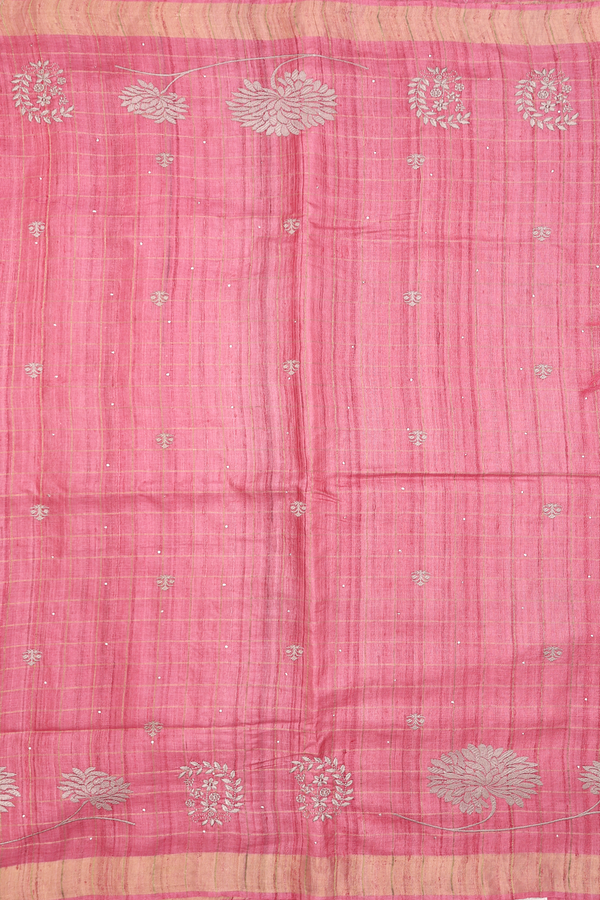 Tussar Silk Saree In Pink With Checks Design