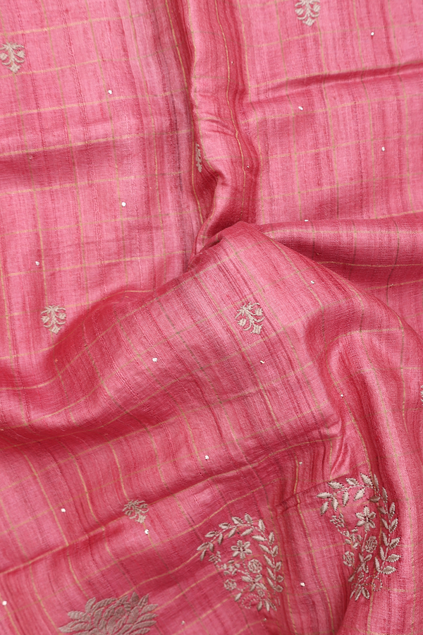 Tussar Silk Saree In Pink With Checks Design