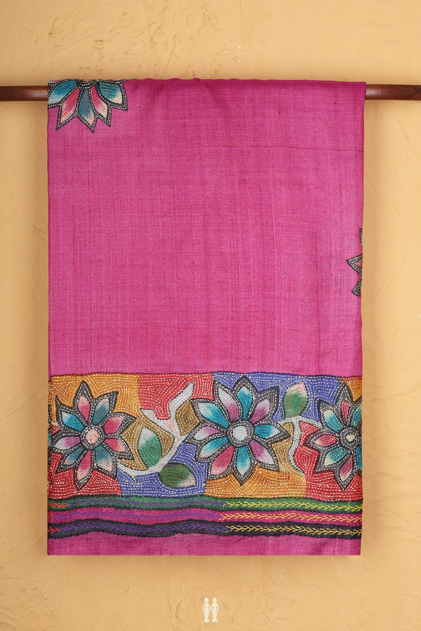 Tussar Silk Saree In Pink With Floral Design