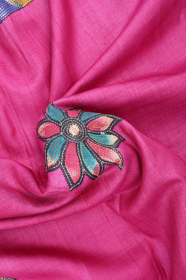 Tussar Silk Saree In Pink With Floral Design