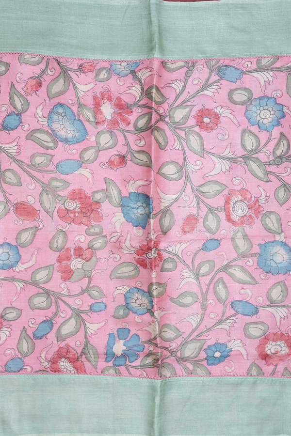 Tussar Silk Saree In Pink With Floral Hand Painted Design
