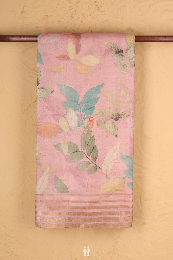 Tussar Silk Saree In Pink With Leaf Printed Design